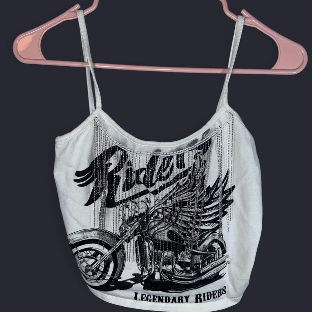Source Unknown White Graphic Motorcycle Crop Top